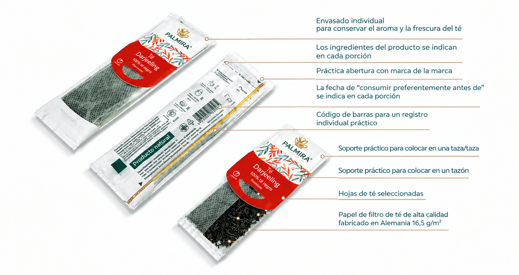 Sobre de té porcionado Palmira — envasado individual para hostelería al por mayor